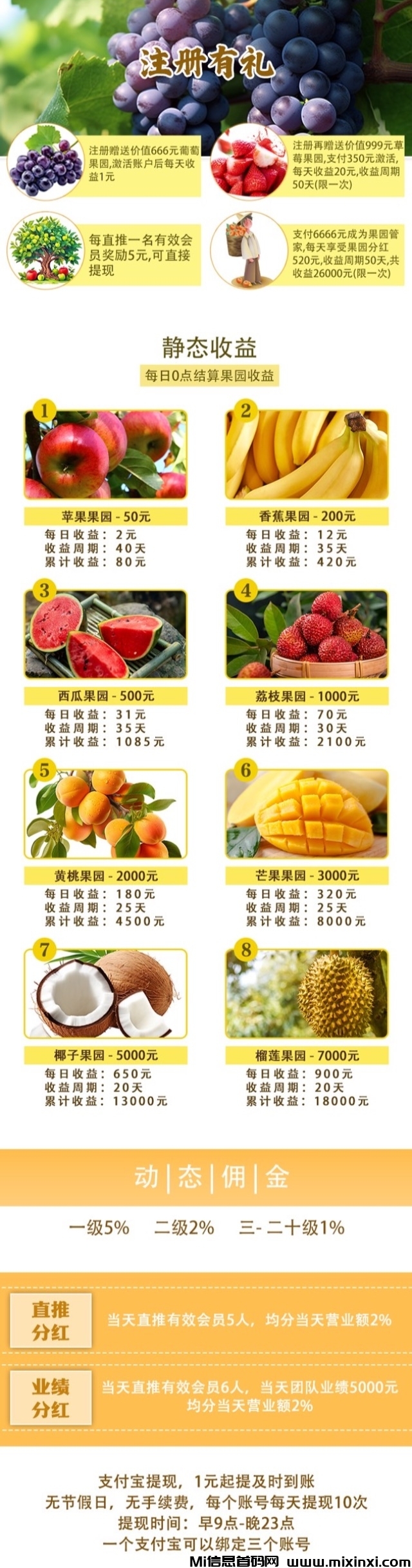 创享果园，首码刚出一秒，注册送葡萄果园，每天自动收益